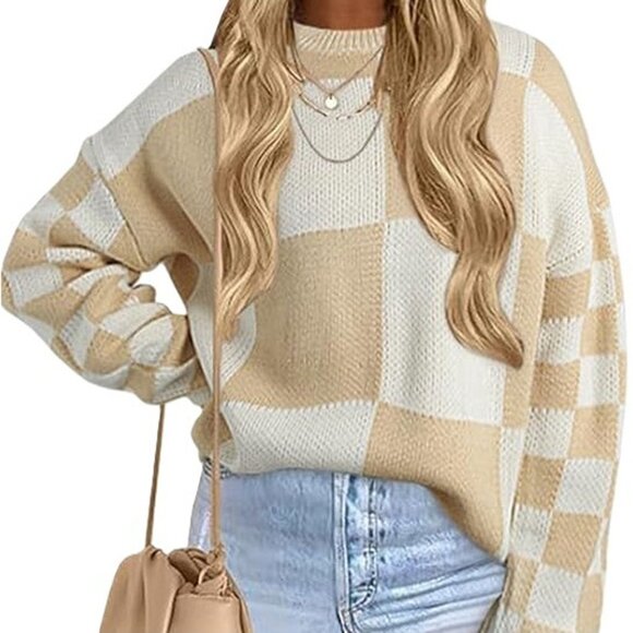 Evaless Women's Classic Long Sleeve Sweater White Beige Color Block Medium - Picture 2 of 5